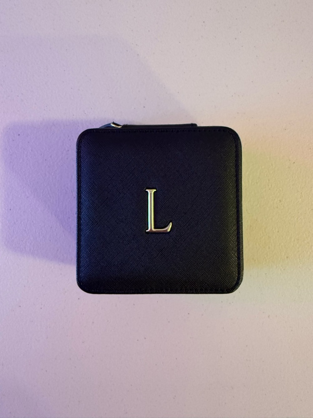 Black Square Jewelry Case with Gold 'L' Initial - Like New